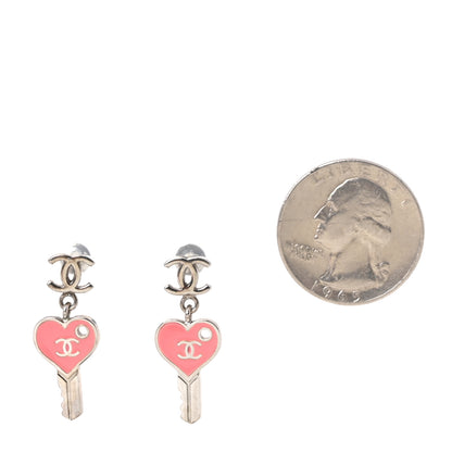 Chanel Enamel Heart Key CC Drop Earrings Silver Rose Salmon 2 of 4