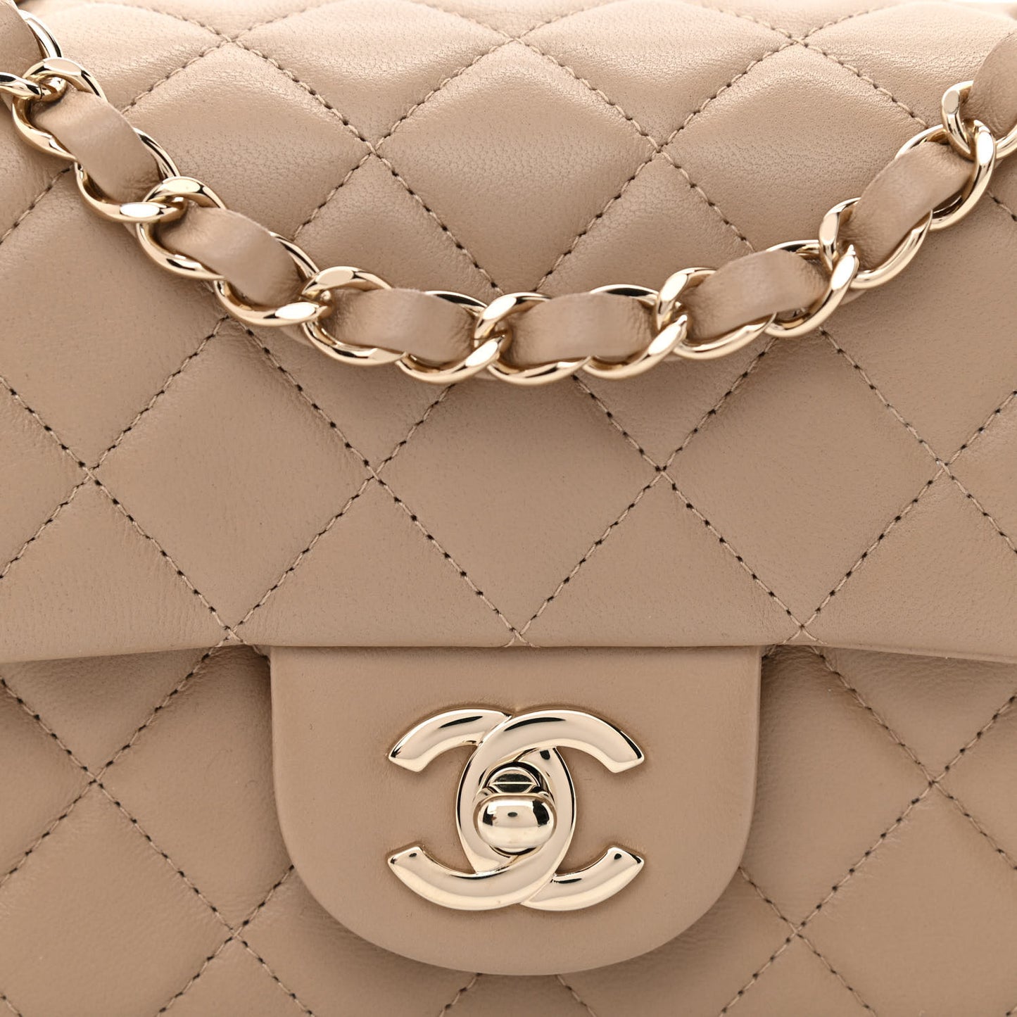 Lambskin Quilted Mini Rectangular Flap Dark Beige