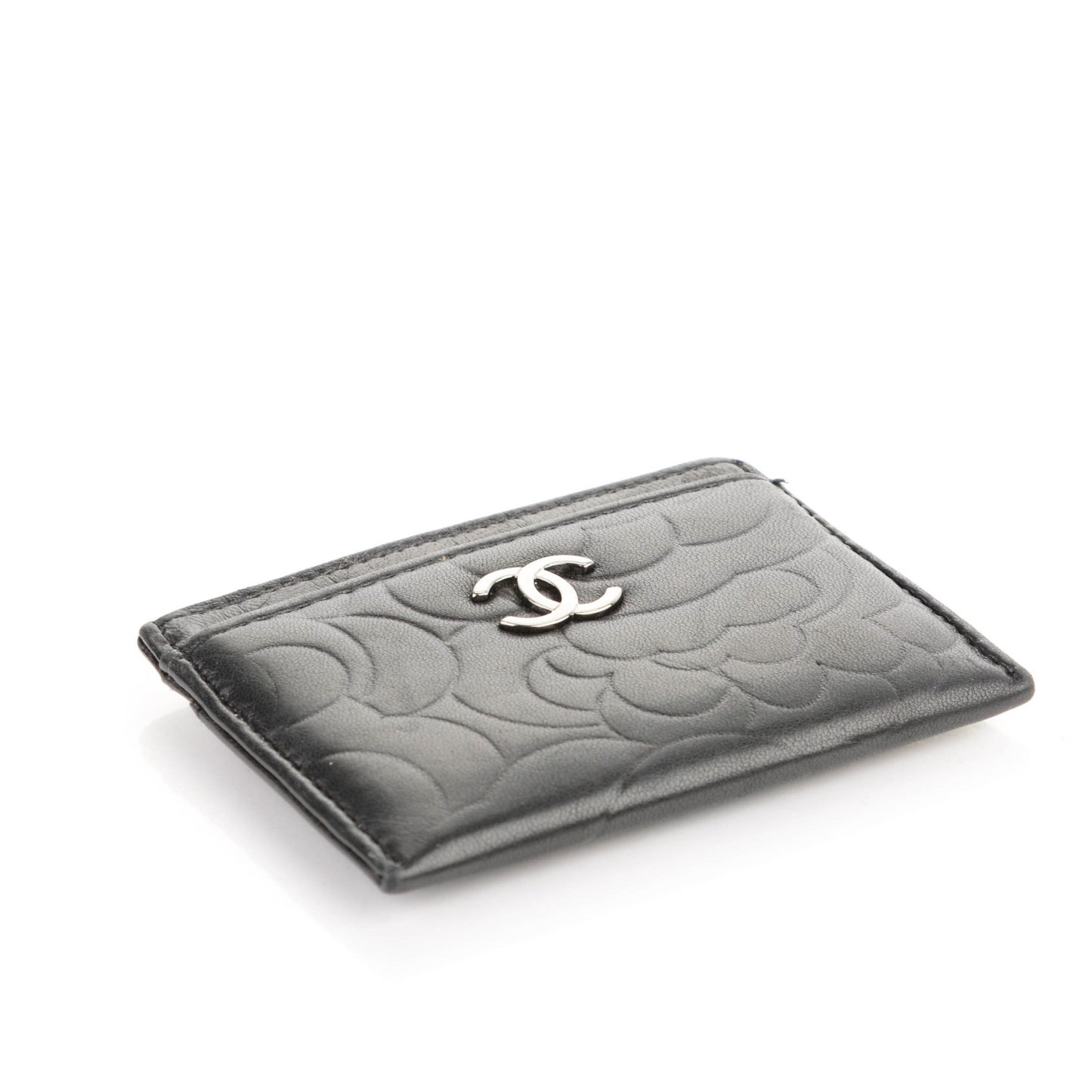 Lambskin Camellia Embossed Card Holder Black