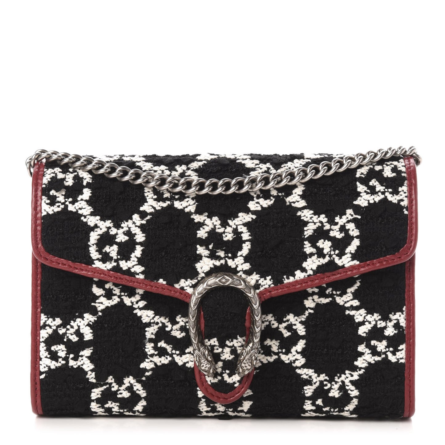 Tweed GG Monogram Mini Dionysus Chain Wallet Black White Romantic Cherry