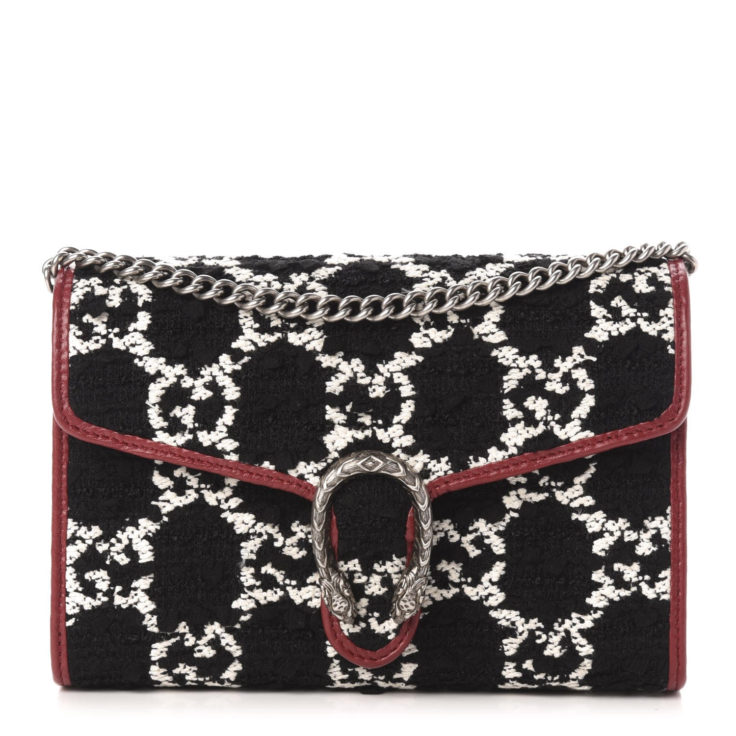 Gucci Tweed GG Monogram Mini Dionysus Chain Wallet Black White Romantic Cherry 1 of 11