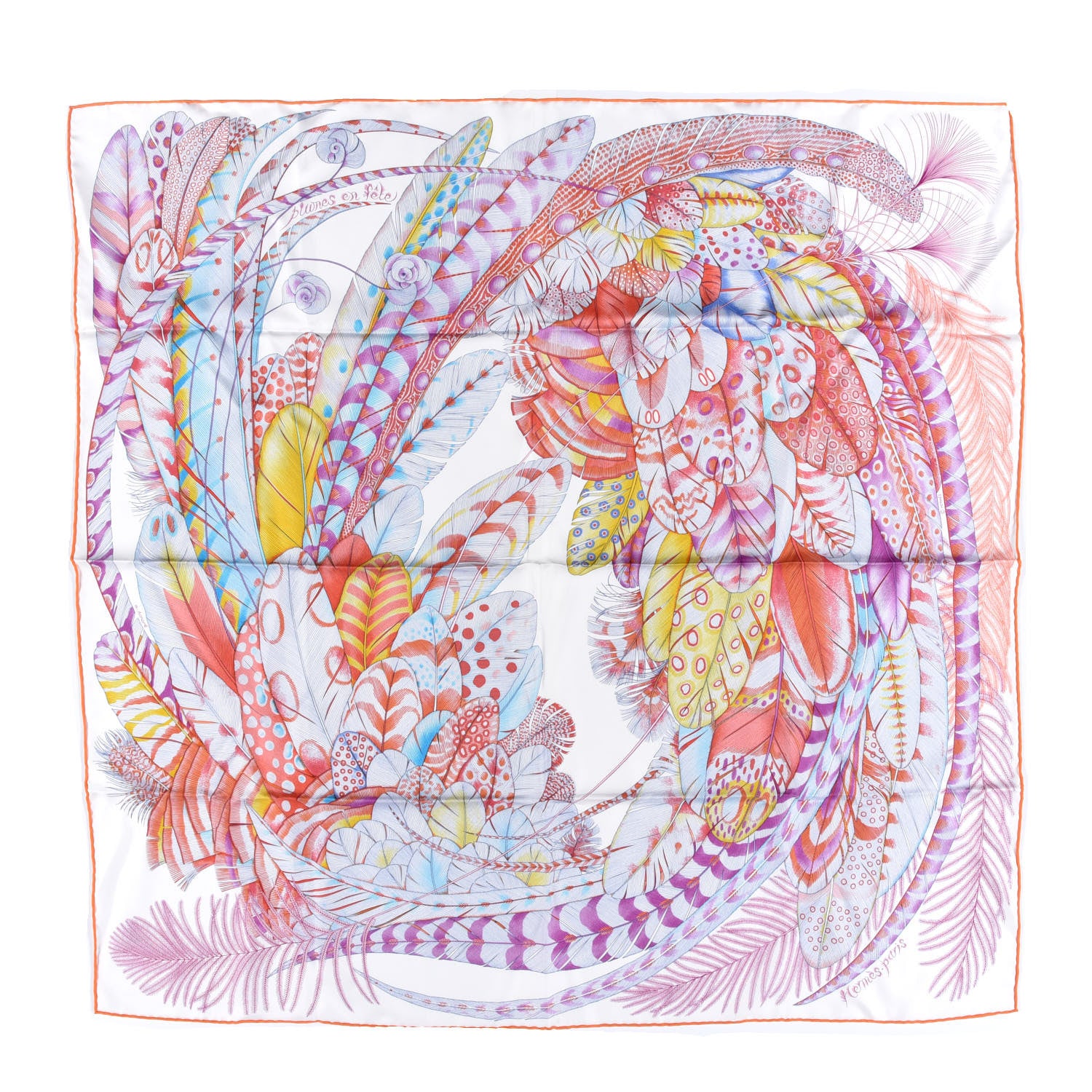 Hermes Silk Plumes En Fete Scarf 90 White Corail Parme 1 of 5