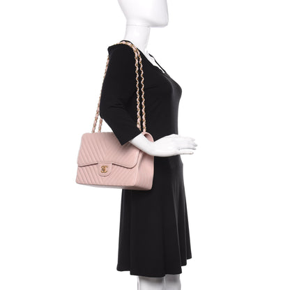 Chanel Calfskin Chevron Quilted Jumbo Double Flap Light Pink 2 of 15