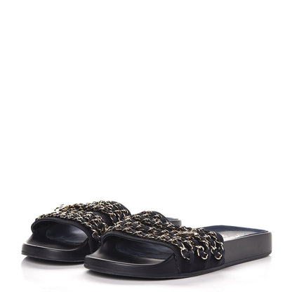 Chanel Lambskin Canvas Chain Flat Sandals 39 Marine 3 of 11