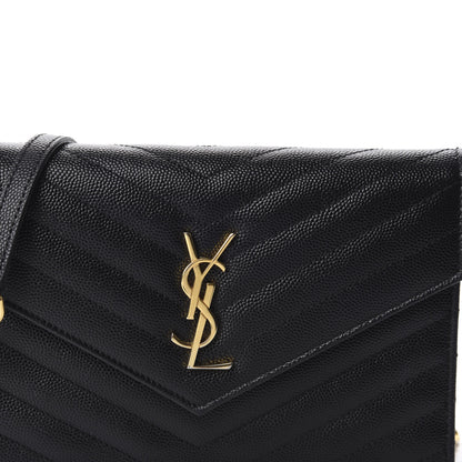 Saint Laurent Grain De Poudre Matelasse Chevron Monogram Envelope Chain Wallet Black 12 of 13