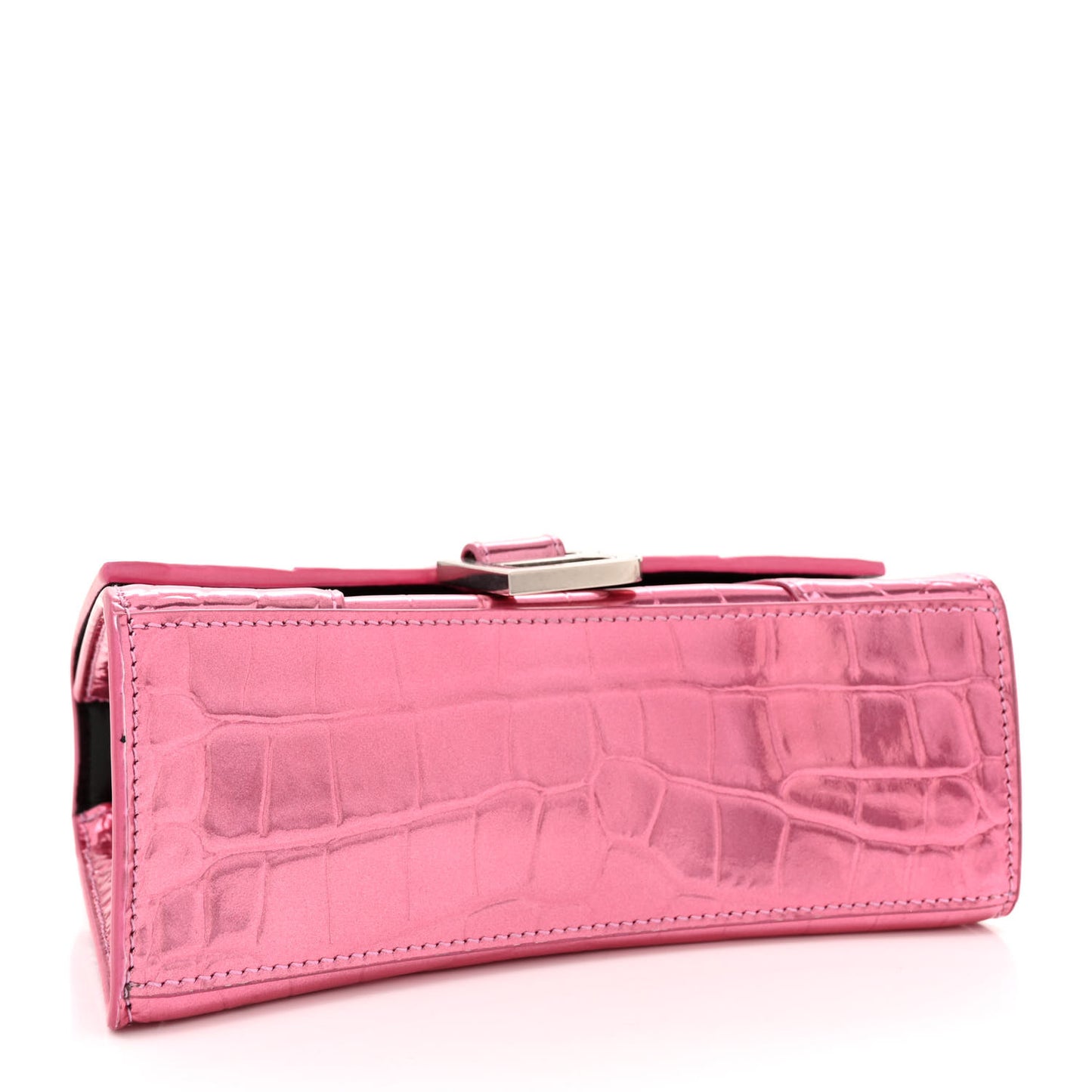 Metallic Shiny Calfskin Crocodile Embossed Hourglass Top Handle Bag XS Pink