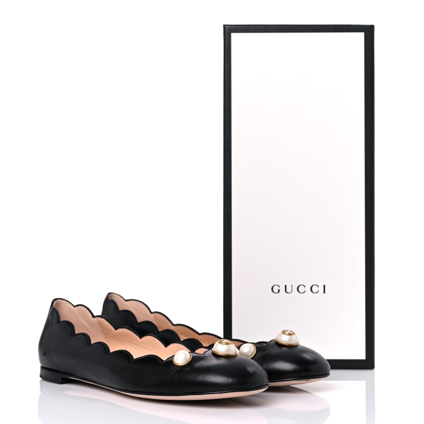 Malaga Kid Interlocking G Pearl Scalloped Flats 36 Black