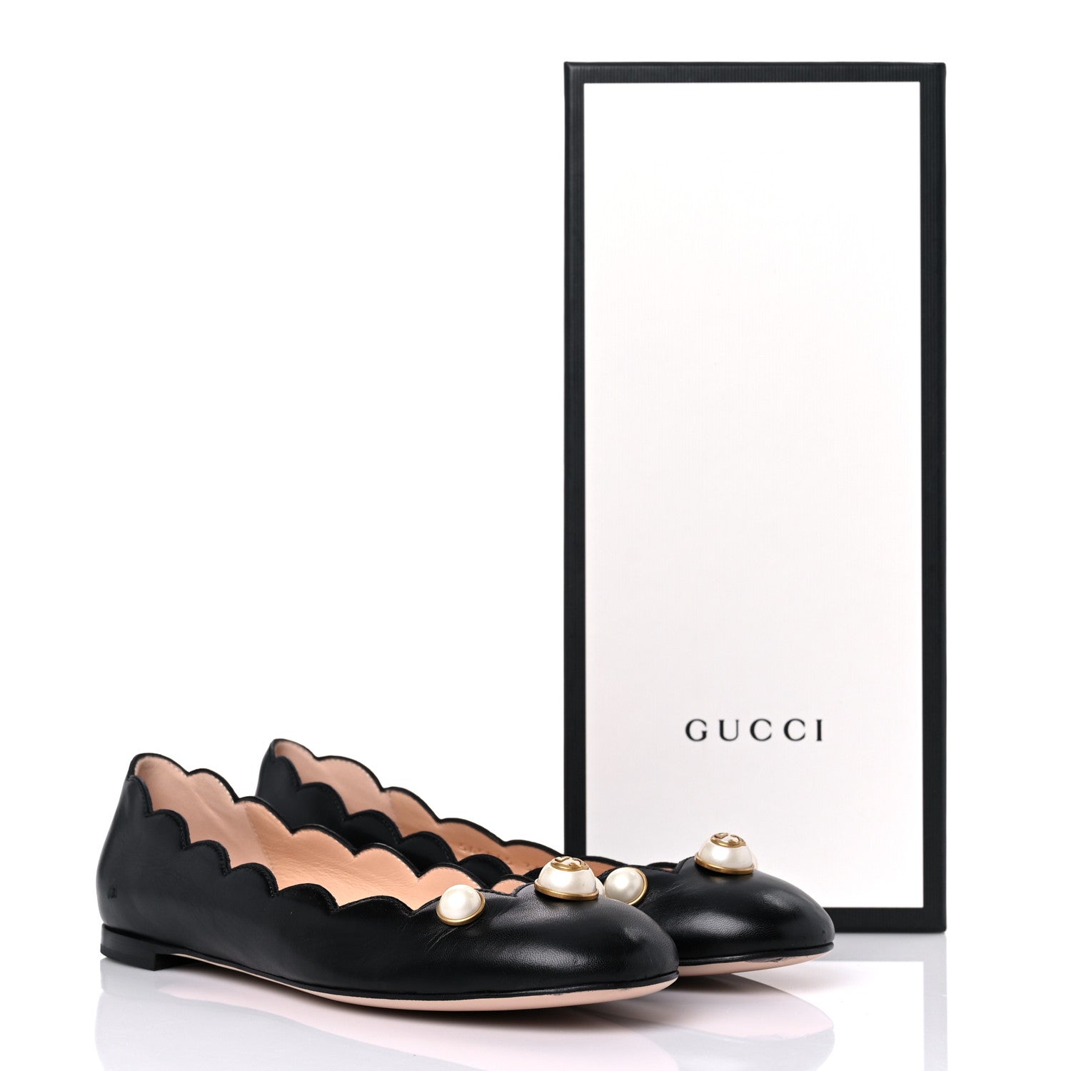 Gucci Malaga Kid Interlocking G Pearl Scalloped Flats 36 Black 10 of 10