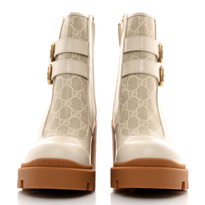Gucci Kensington Calfskin Nappa GG Supreme Monogram Womens Double Buckle Ankle Boots 41 Mystic White Beige 2 of 9