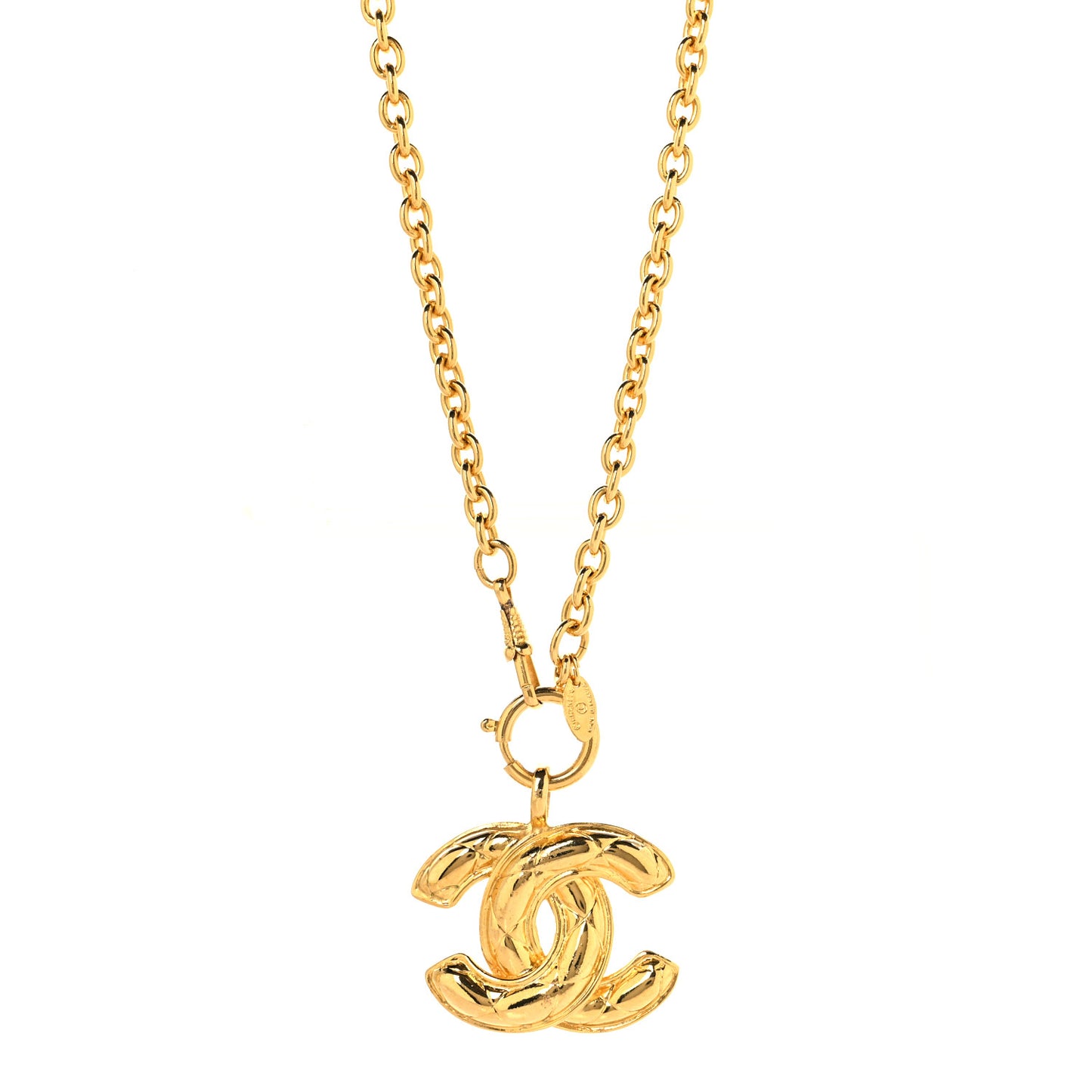 Metal Quilted CC Long Necklace Gold