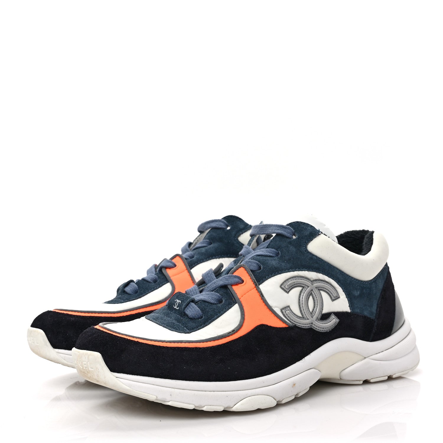Chanel Nylon Calfskin Suede CC Womens Sneakers 39.5 Navy White Orange Black 3 of 7