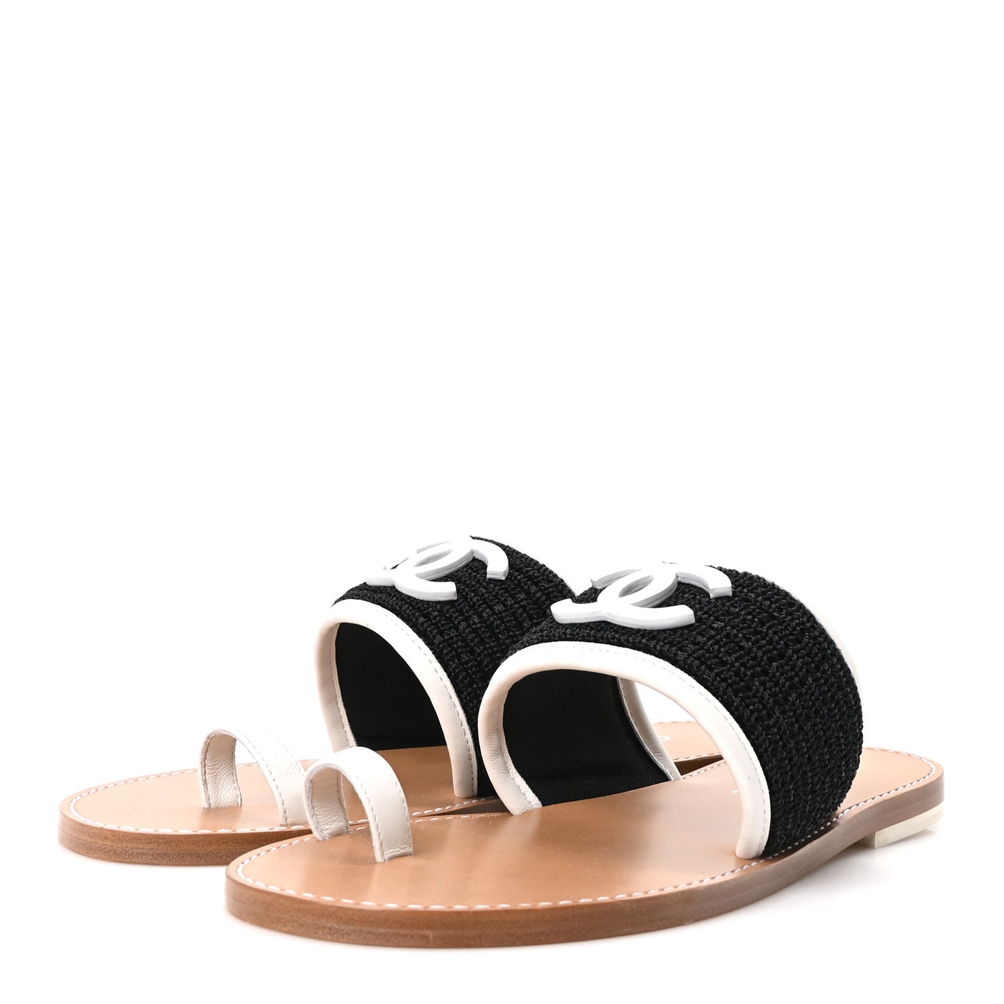 Raffia Lambskin CC Mules 40 Black White