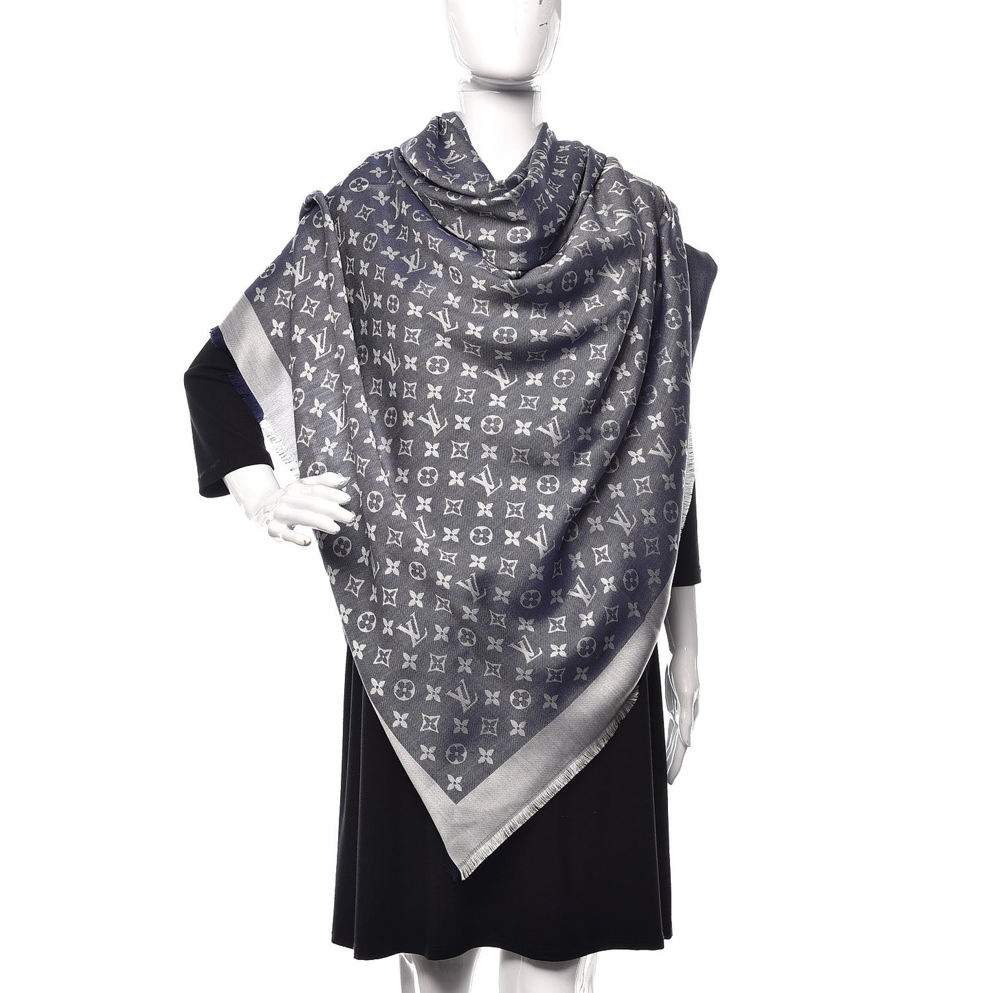 Silk Wool Monogram Denim Shawl Blue