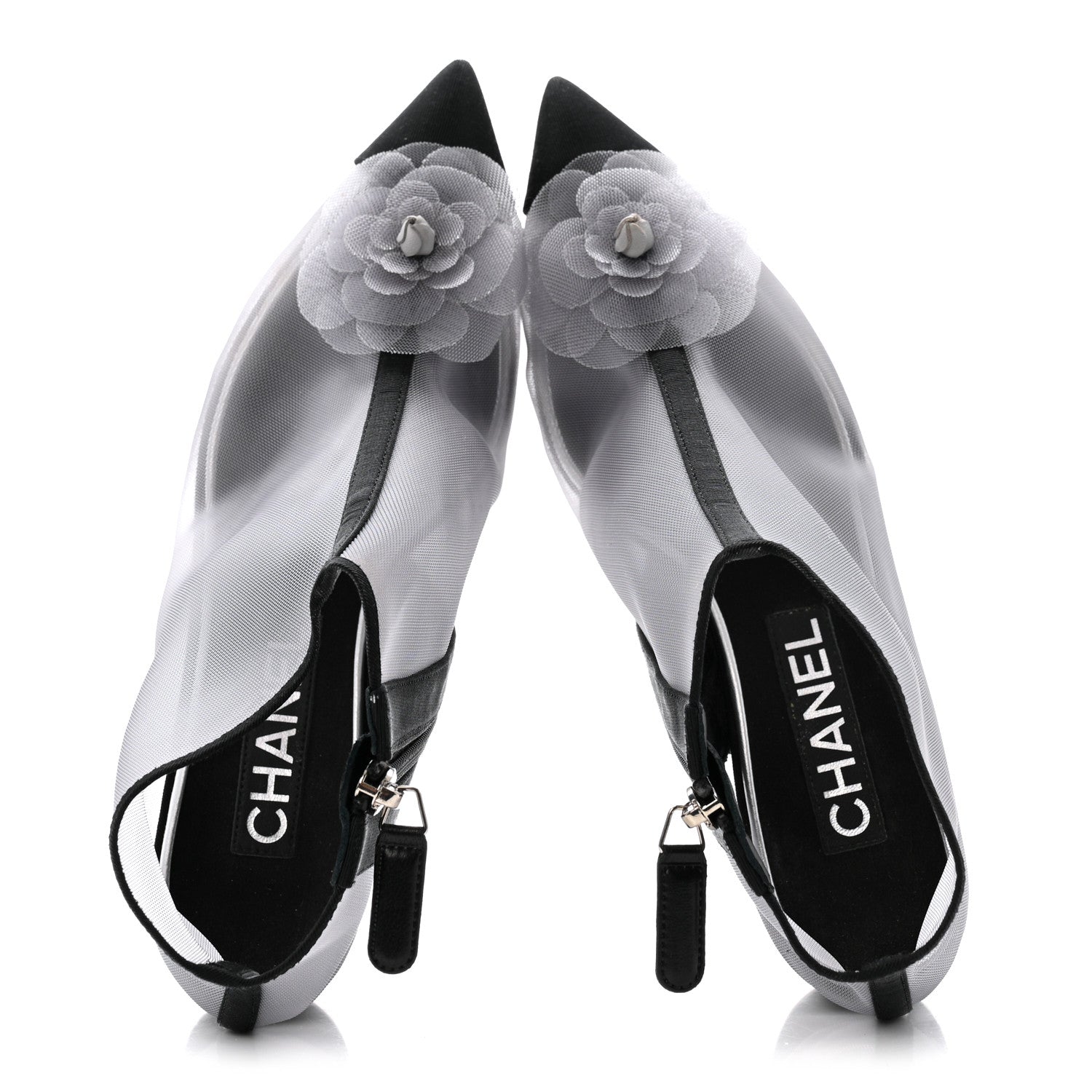 CHANEL グレー レース フラットシューズ ヒール3cm サイズ34 Chanel Mesh Grosgrain Camellia Short Boots 36 Grey Black 1876371