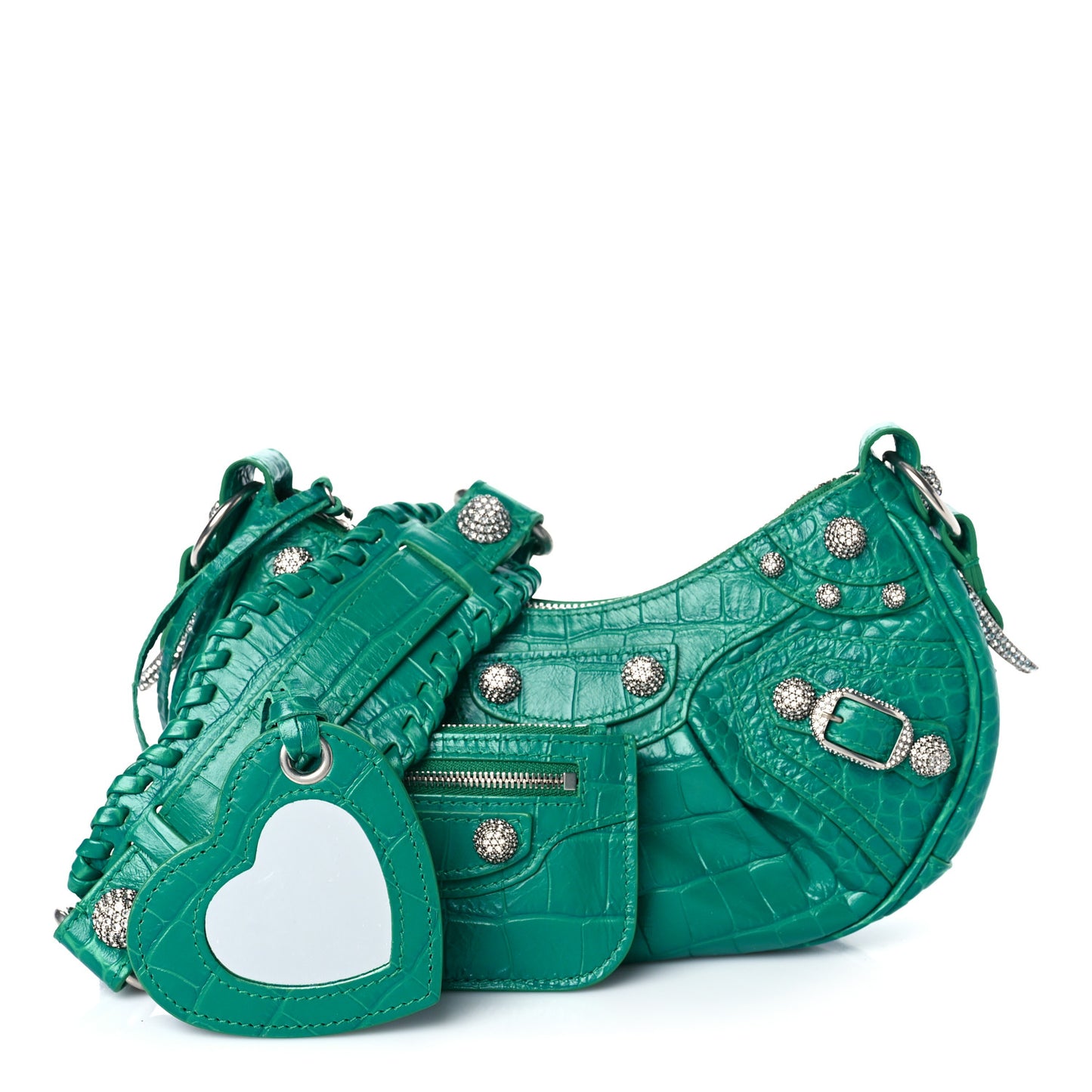 Extra Supple Calfskin Crystal Crocodile Embossed Le Cagole Shoulder Bag XS Jade