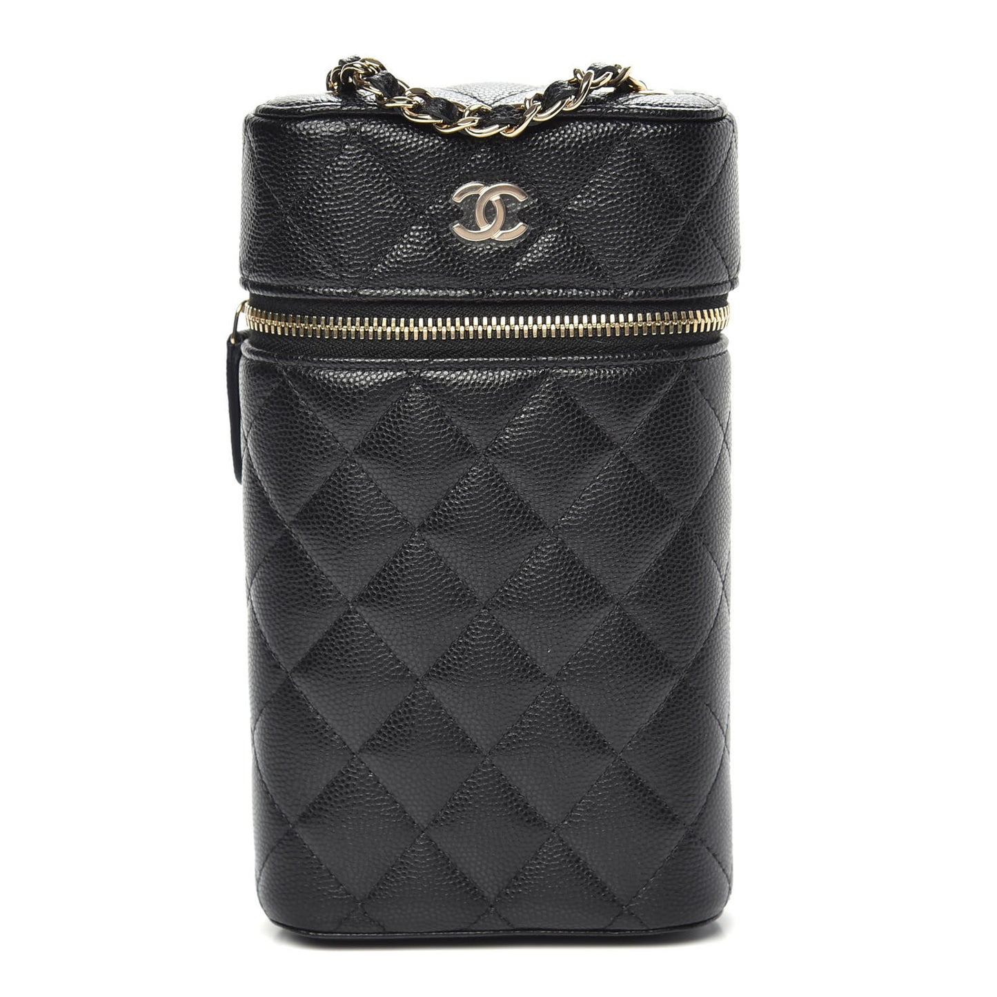 Caviar Quilted Phone Holder With Chain Black