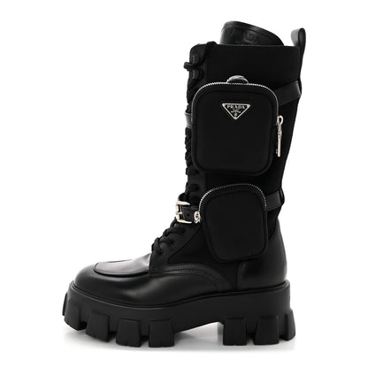 Prada Spazzolato Rois Re-Nylon Metal Triangle Logo Monolith Pouch Pocket 55mm Tall Combat Boots 39 Black 1 of 11