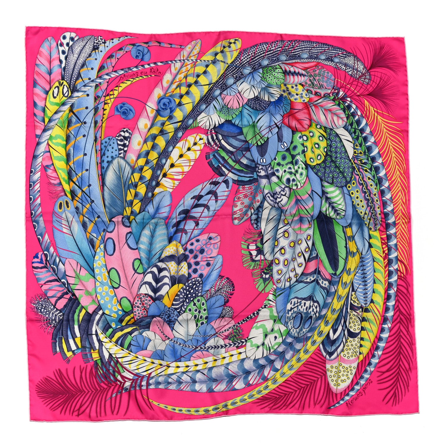 Hermes Silk Plumes En Fete Scarf 90 Rose Vif Bleu Vert 1 of 6