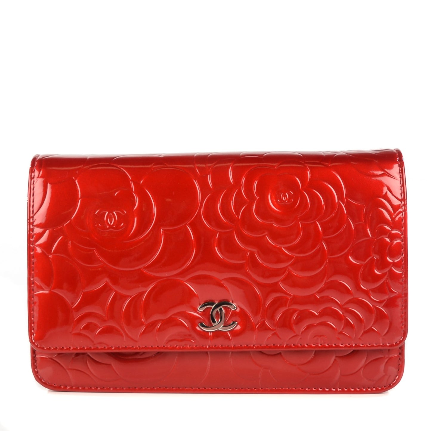 Patent Camellia Embossed Wallet on Chain WOC Rouge