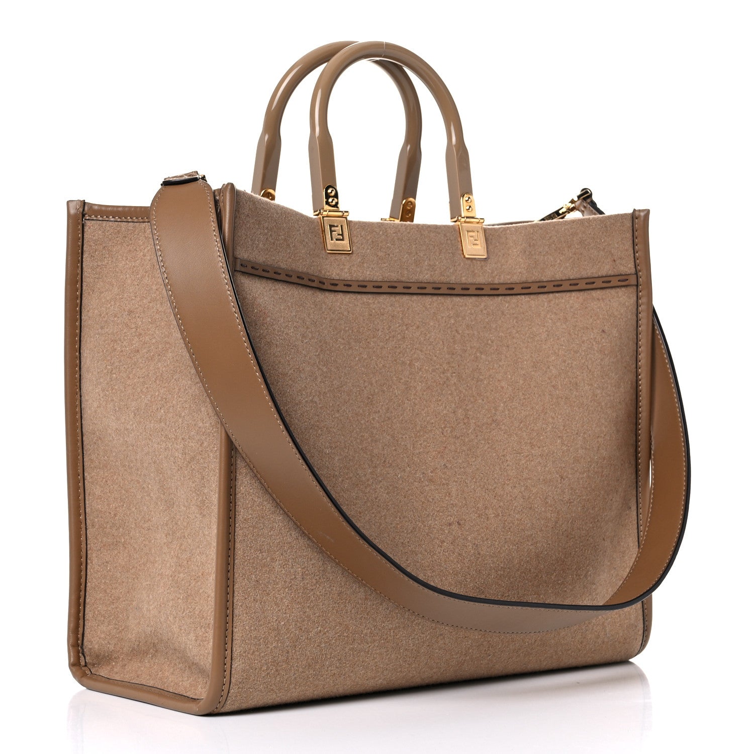 Fendi Flannel Vitello King Wool Plexiglass FF Logo Embroidered Medium Fendi Sunshine Shopper Tote Brown 3 of 20