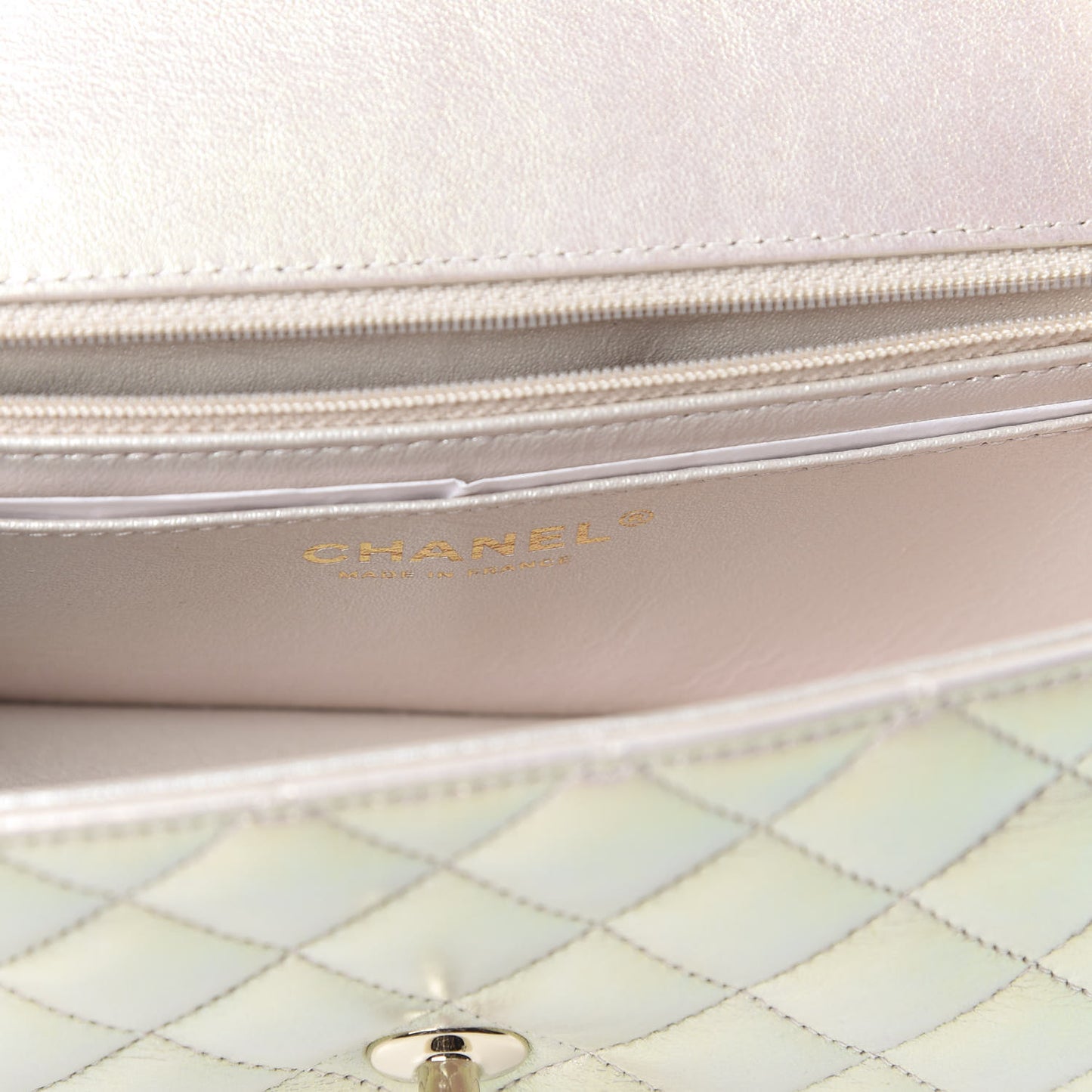 Iridescent Lambskin Quilted Mini Rectangular Flap Ivory