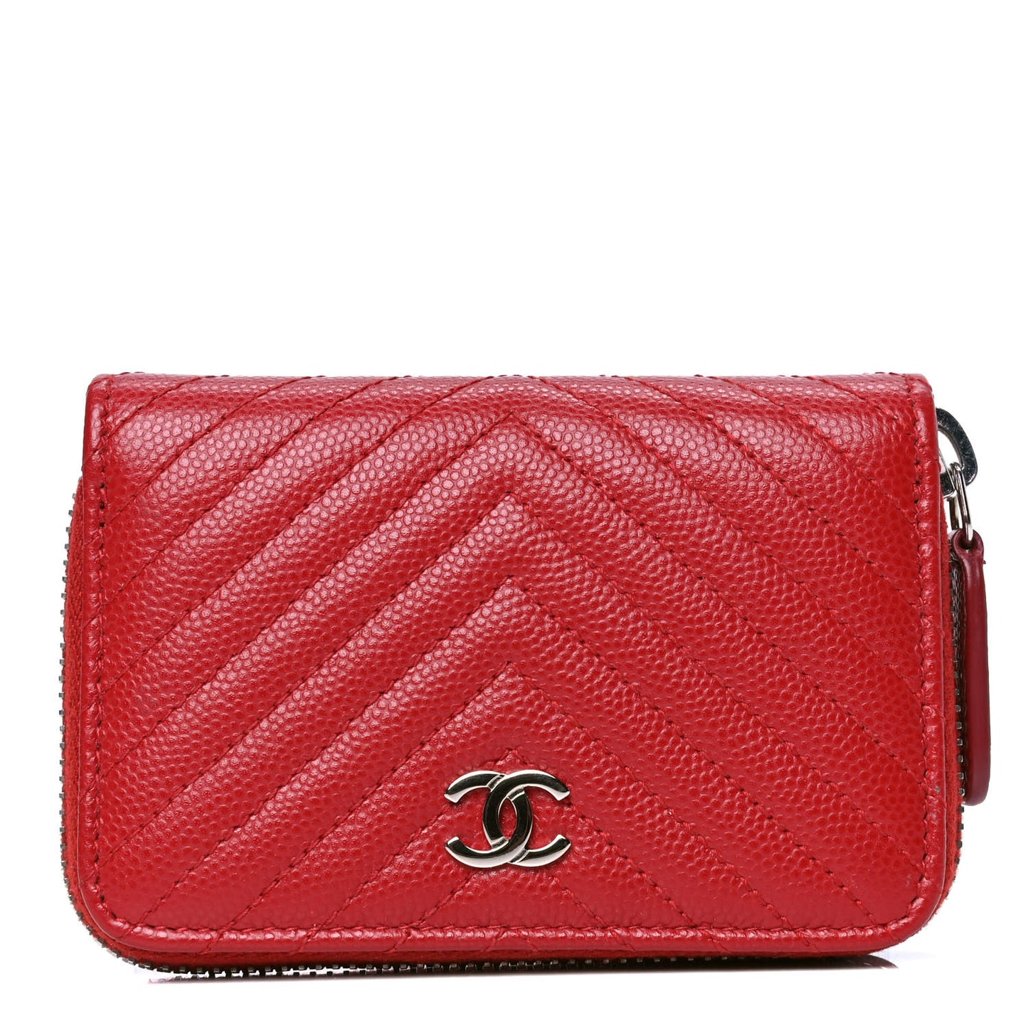 Caviar Chevron Quilted Small Zip Around Wallet Red