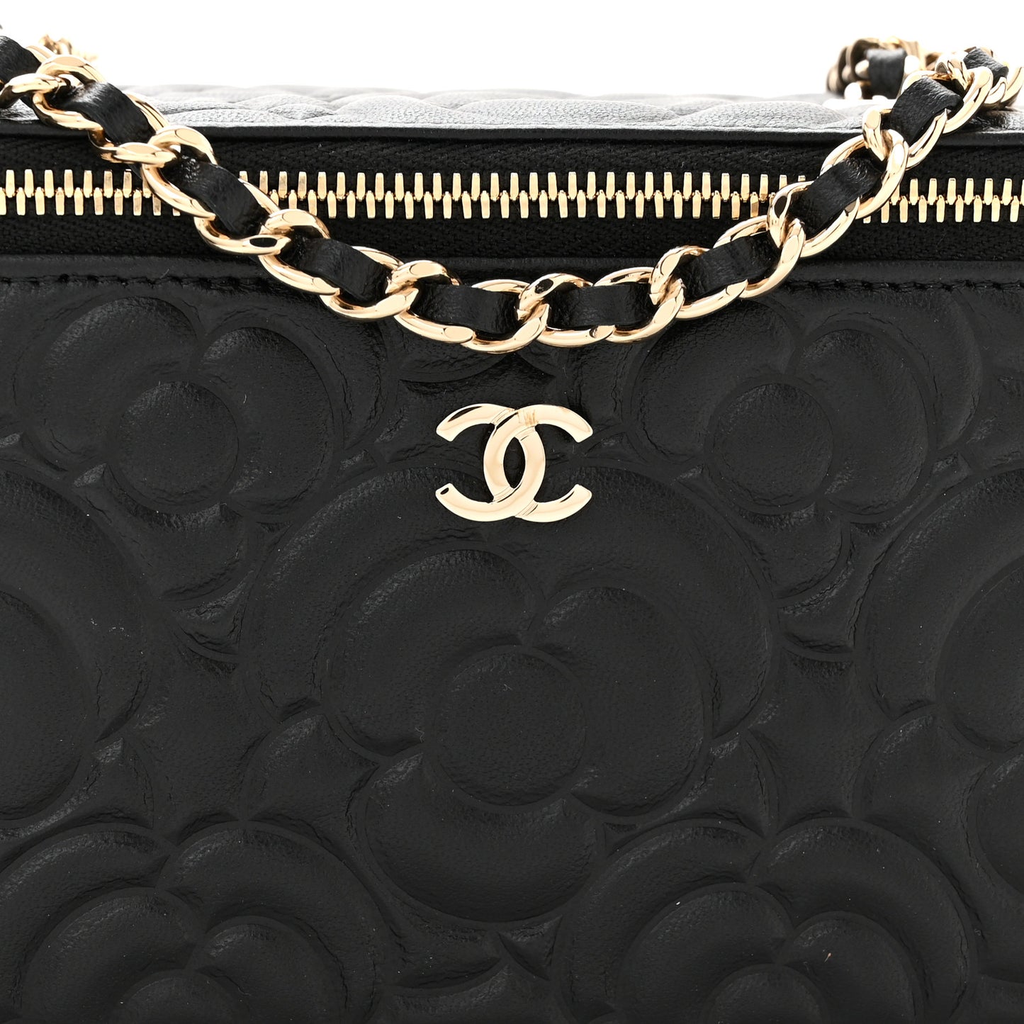 Lambskin Camellia Embossed Small Vanity Case With Chain Black