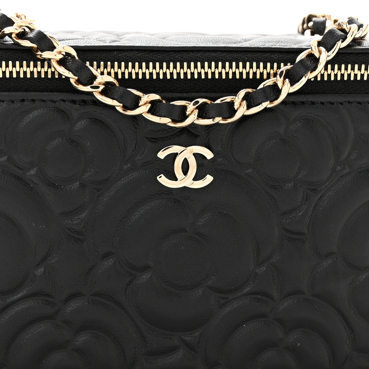 Chanel Lambskin Camellia Embossed Small Vanity Case With Chain Black 7 of 10