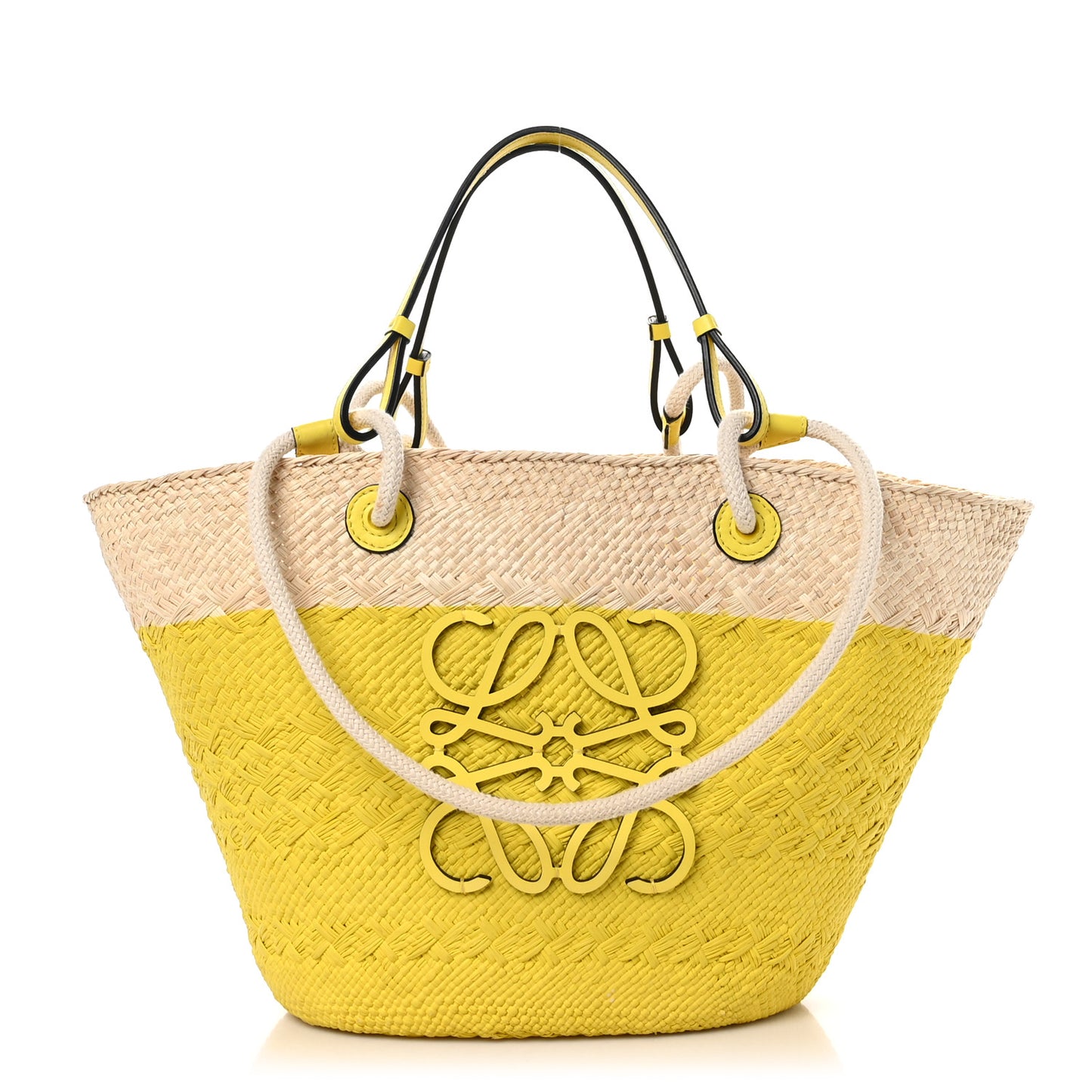 Calfskin Raffia Paulas Ibiza Medium Anagram Basket Tote Bag Natural Lemon