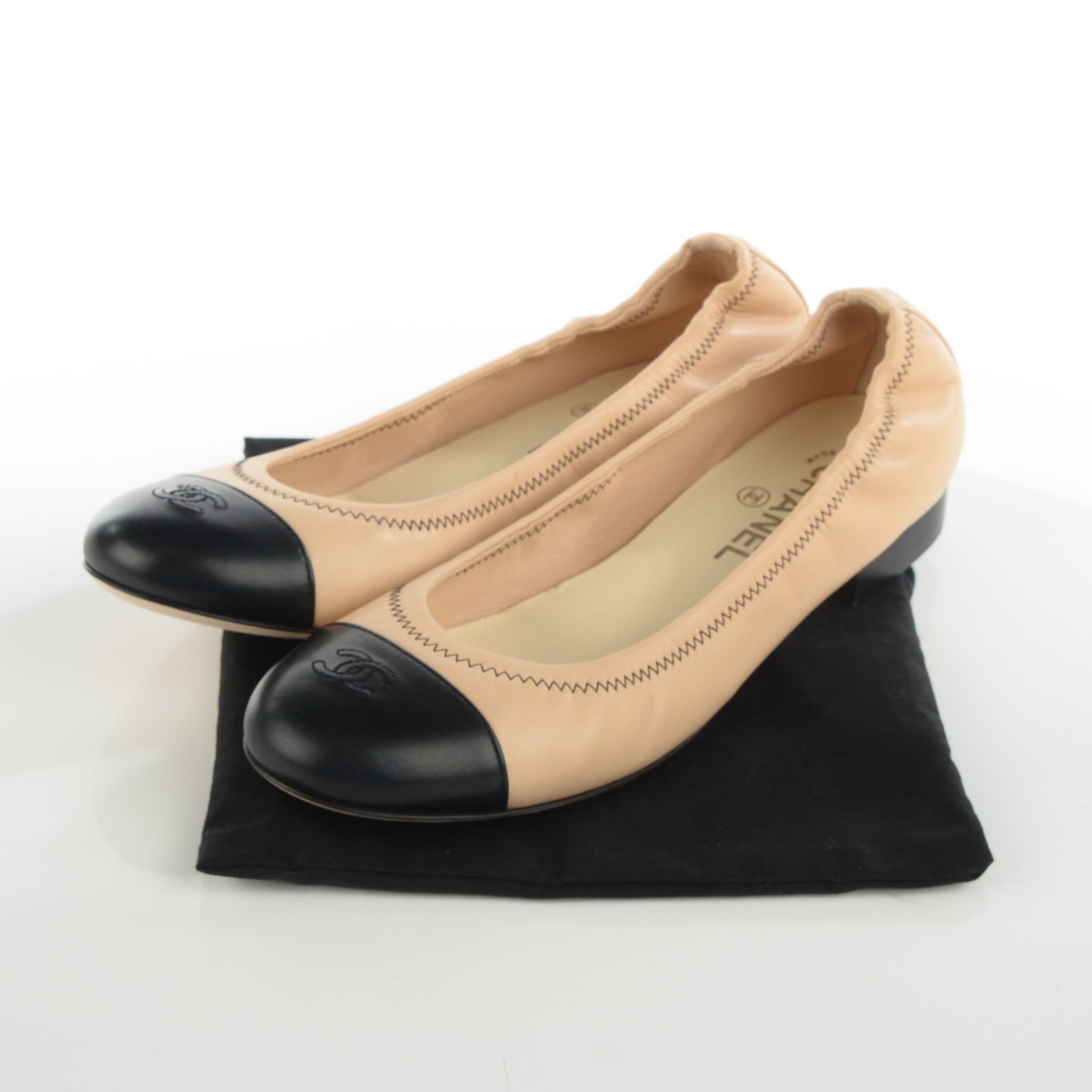 Lambskin Cap Toe CC Ballerina Flats 40 Beige Black