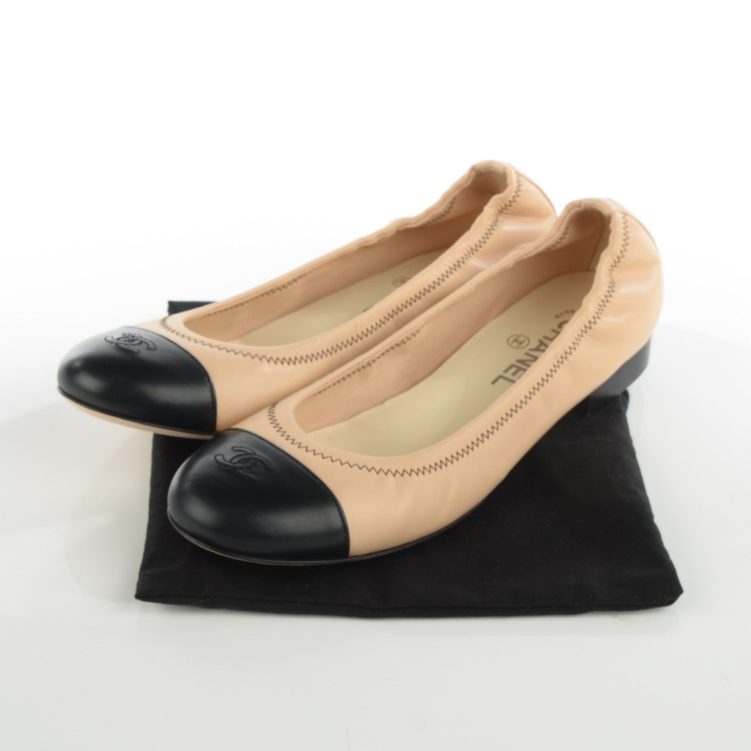 Chanel Lambskin Cap Toe CC Ballerina Flats 40 Beige Black 8 of 8
