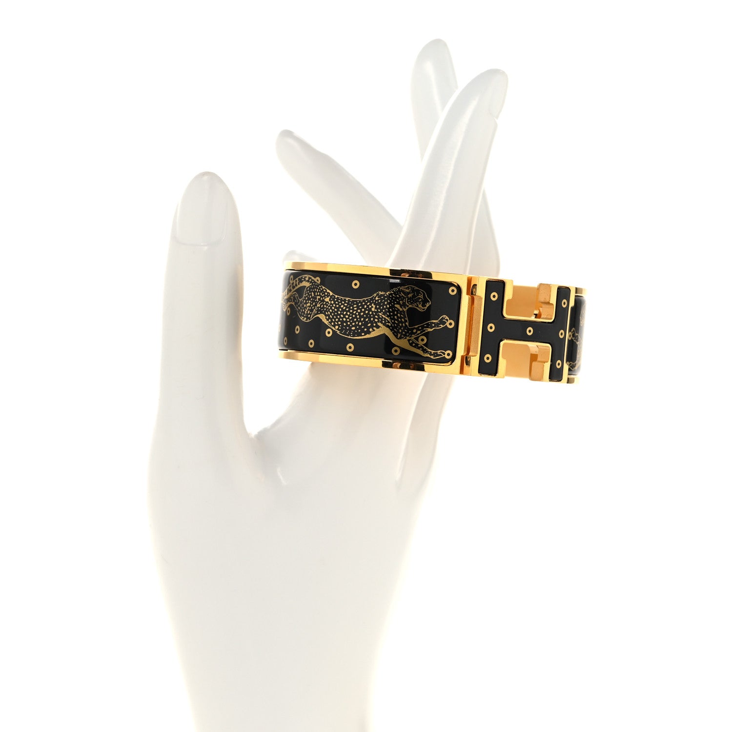 Hermes Enamel Printed Wide Les Leopards Clic Clac H Bracelet GM Black Gold 2 of 4