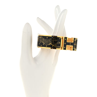 Hermes Enamel Printed Wide Les Leopards Clic Clac H Bracelet GM Black Gold 2 of 4