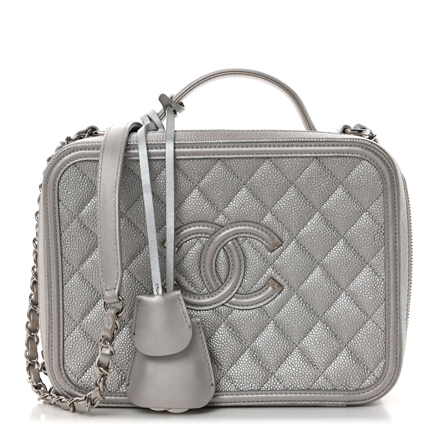 Metallic Caviar Quilted Large CC Filigree Vanity Case Silver