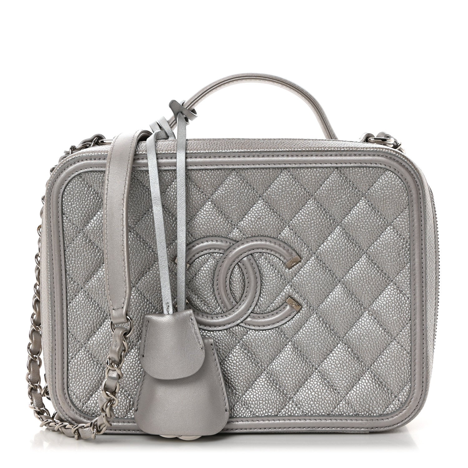 Chanel Metallic Caviar Quilted Large CC Filigree Vanity Case Silver 1 of 11