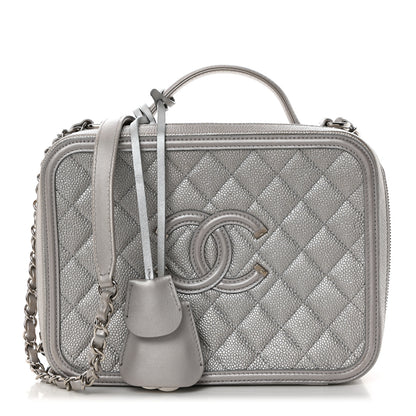 Chanel Metallic Caviar Quilted Large CC Filigree Vanity Case Silver 1 of 11