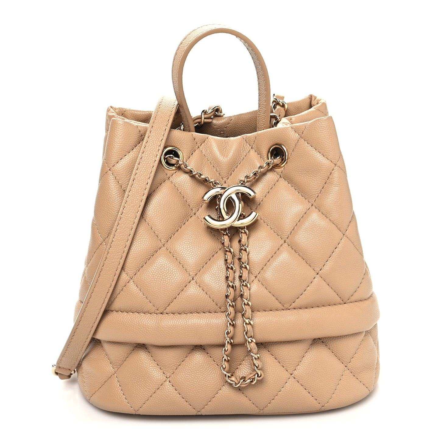 Caviar Quilted Rolled Up Bucket Drawstring Bag Beige