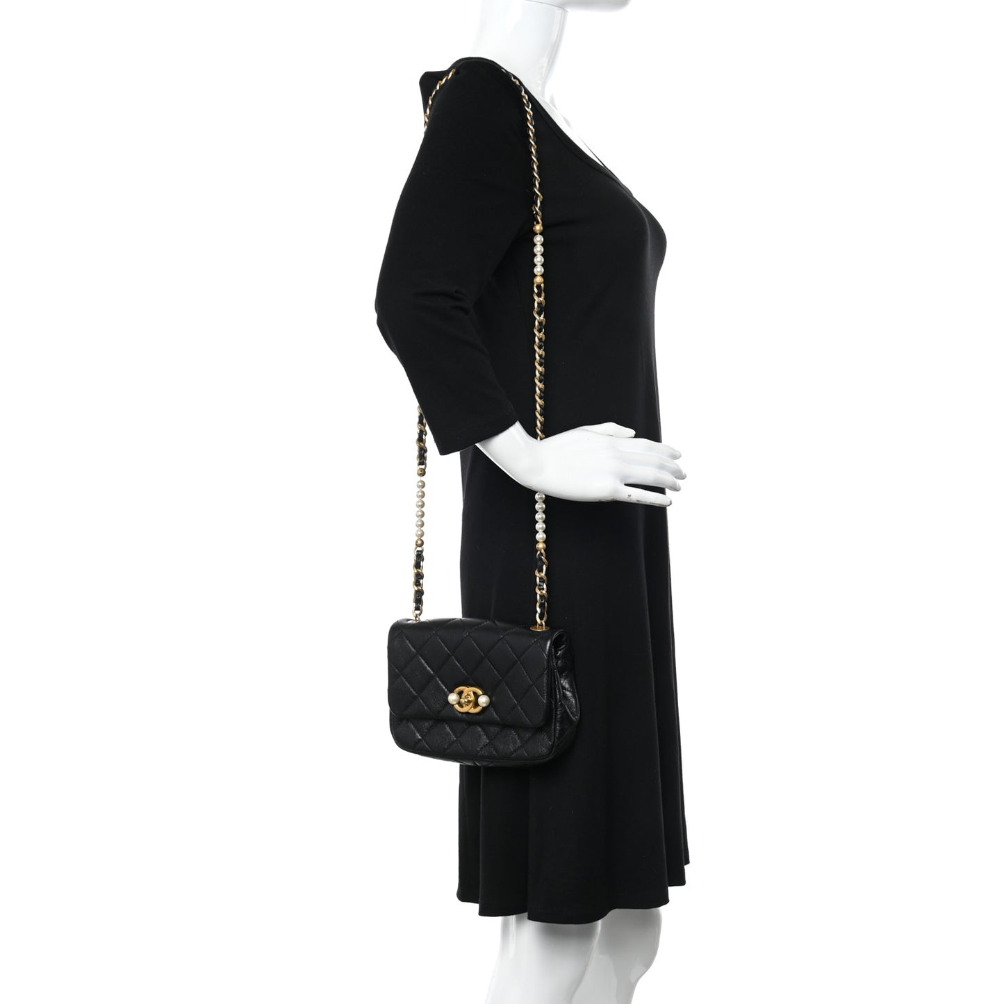 Glazed Calfskin Quilted Mini Pearl Side Flap Black
