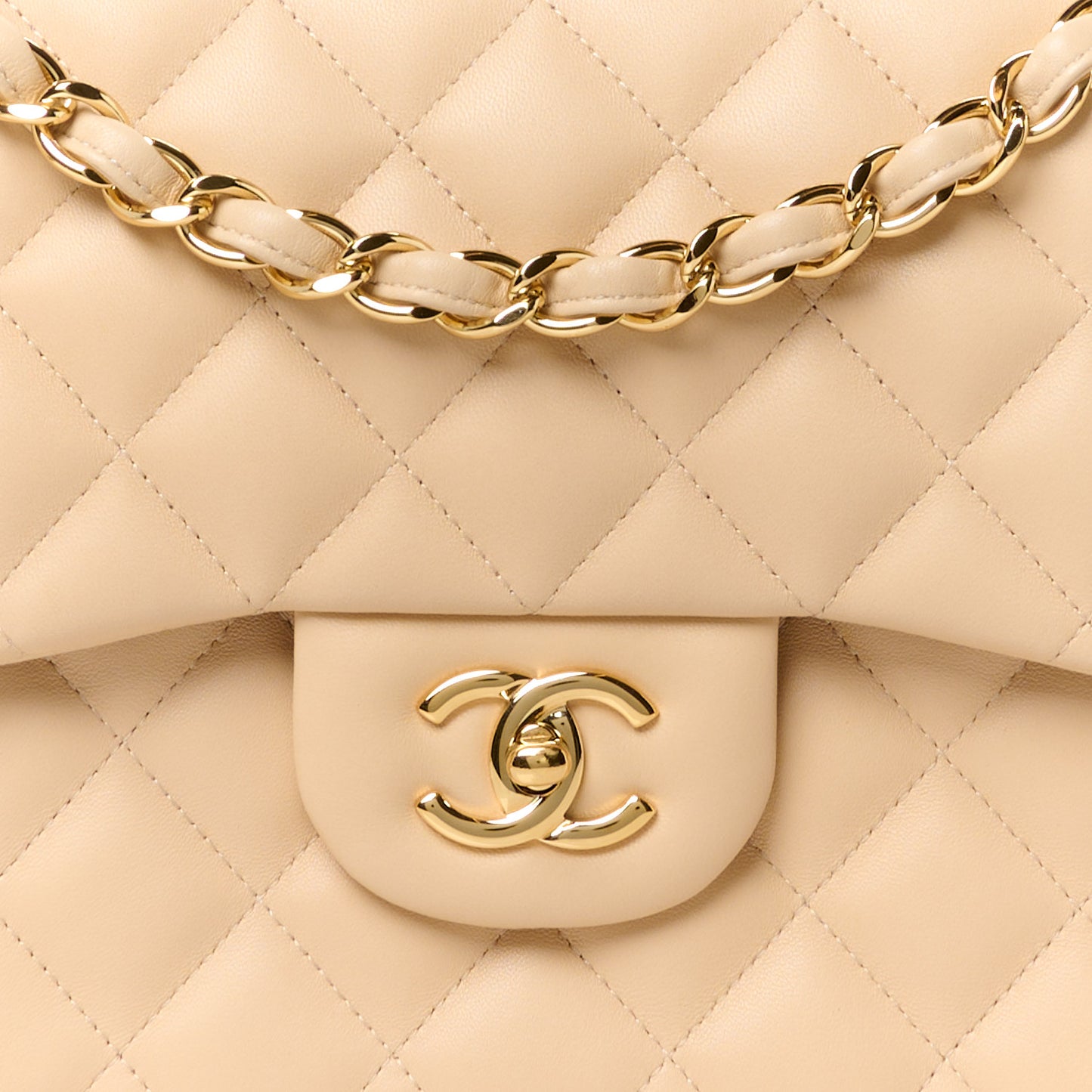 Lambskin Quilted Jumbo Double Flap Beige