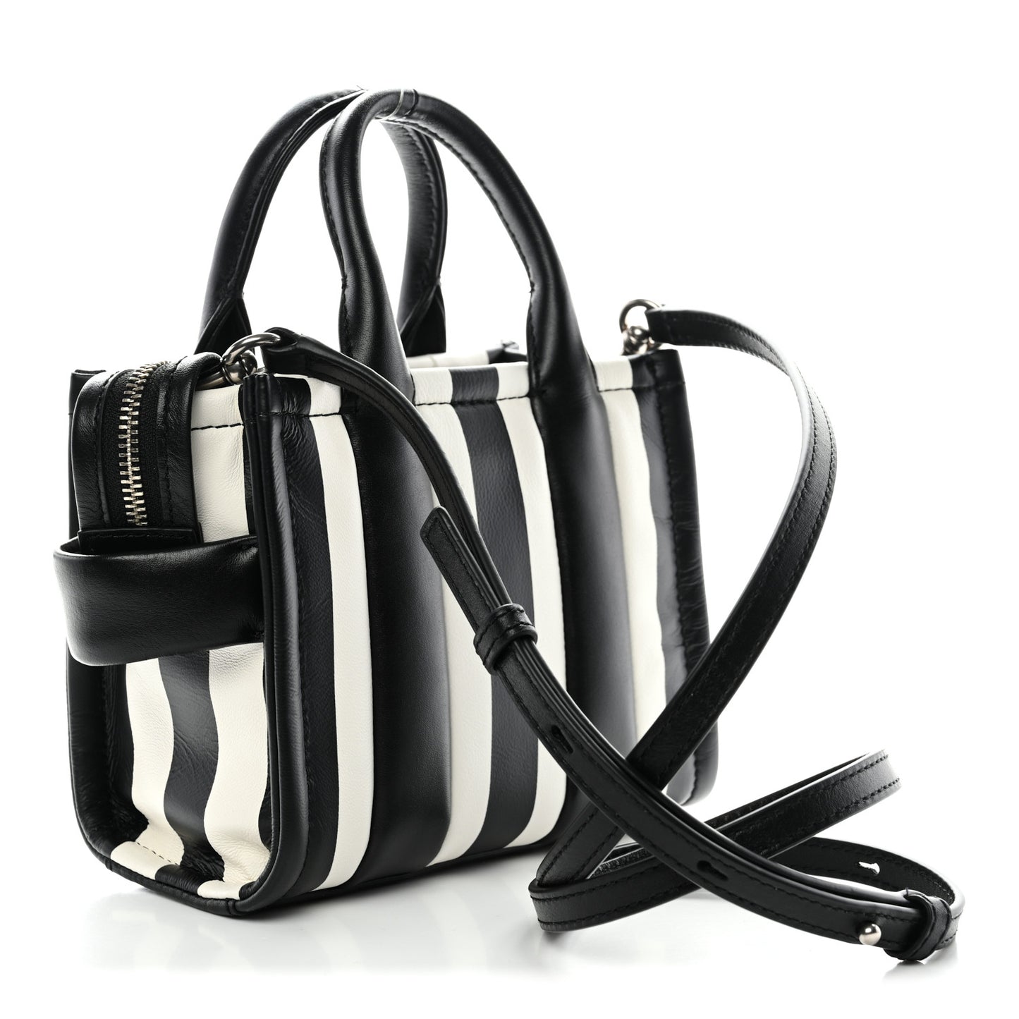 Calfskin Striped Mini The Traveler Tote Bag Black White