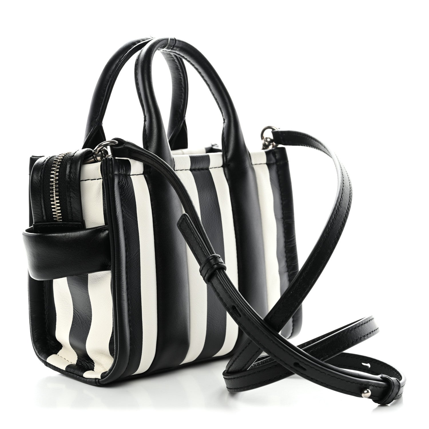 Marc Jacobs Calfskin Striped Mini The Traveler Tote Bag Black White 3 of 10