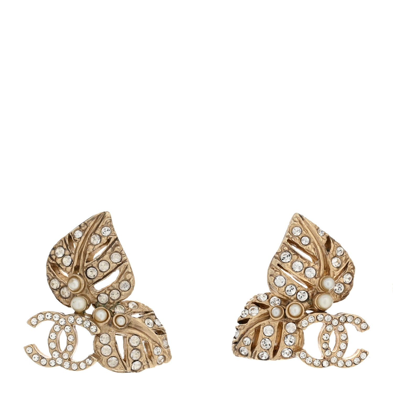 Chanel Crystal Pearl CC Leaf Earrings Gold 1 of 5