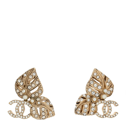 Chanel Crystal Pearl CC Leaf Earrings Gold 1 of 5