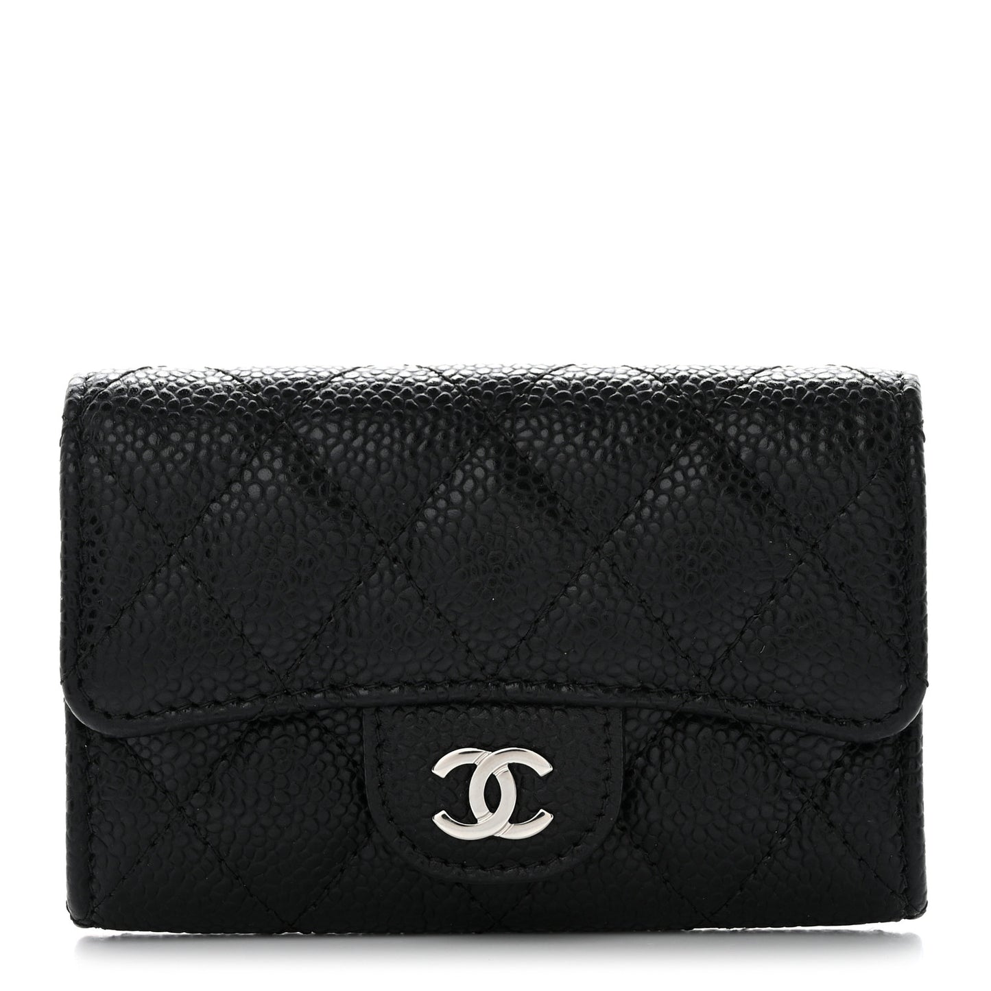 Caviar Quilted Flap Card Holder Wallet Black