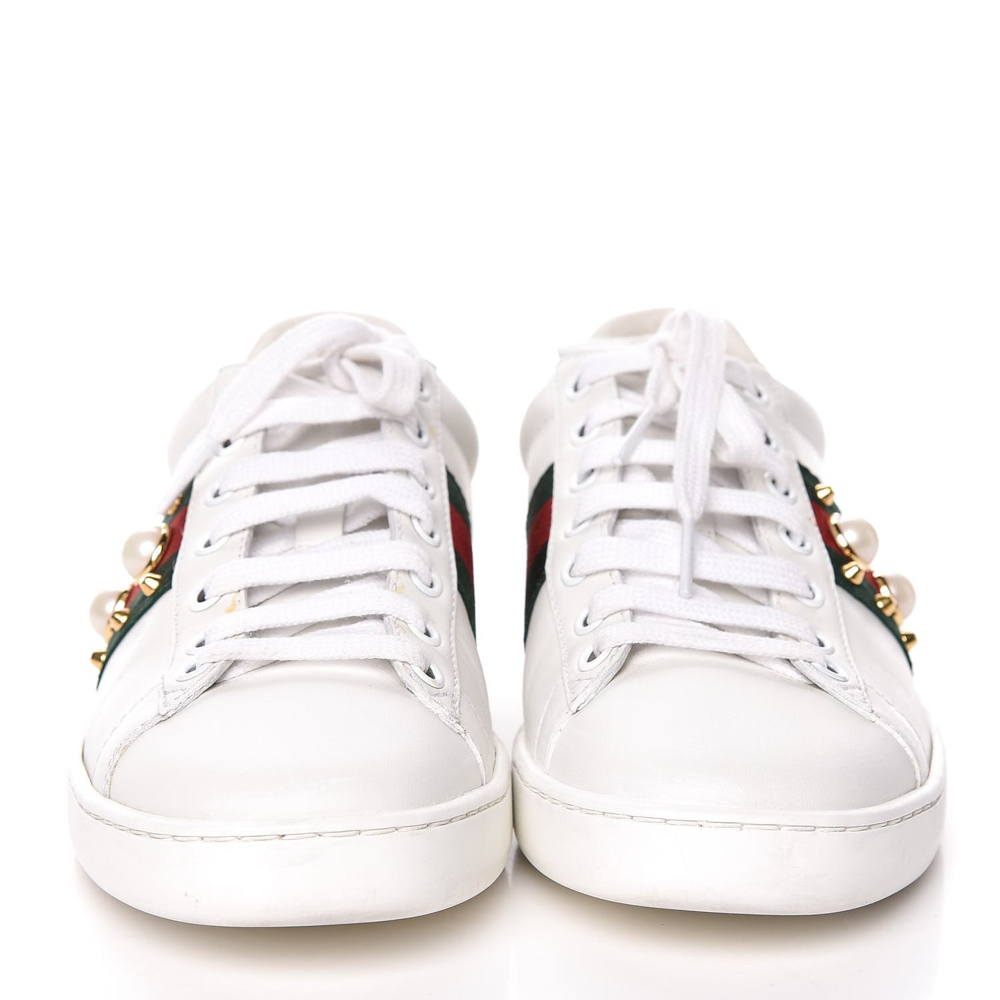 Calfskin Web Pearl Studded Womens Ace Sneakers 36 White