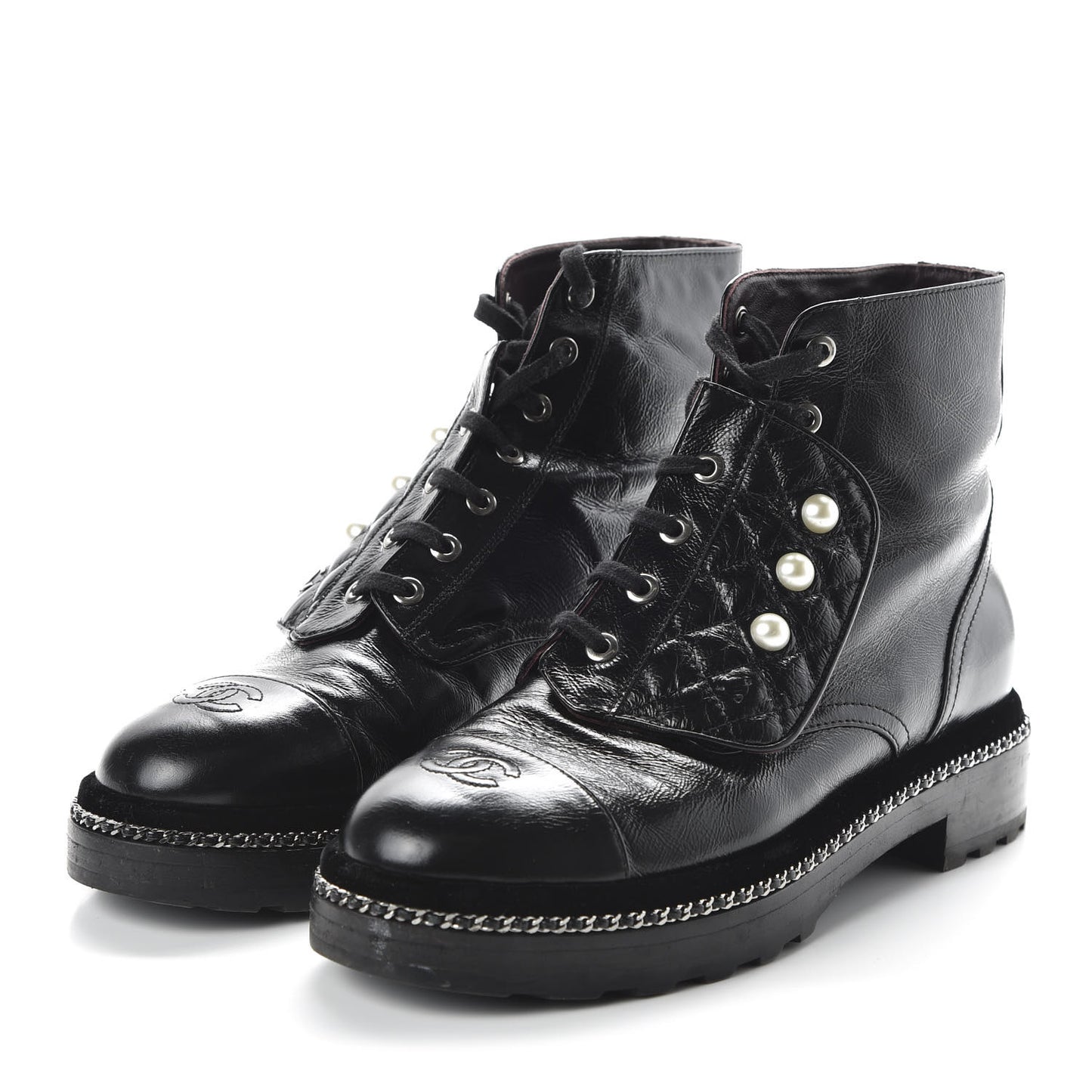 Crackled Calfskin Velvet Pearl Combat Short Boots 39.5 Black