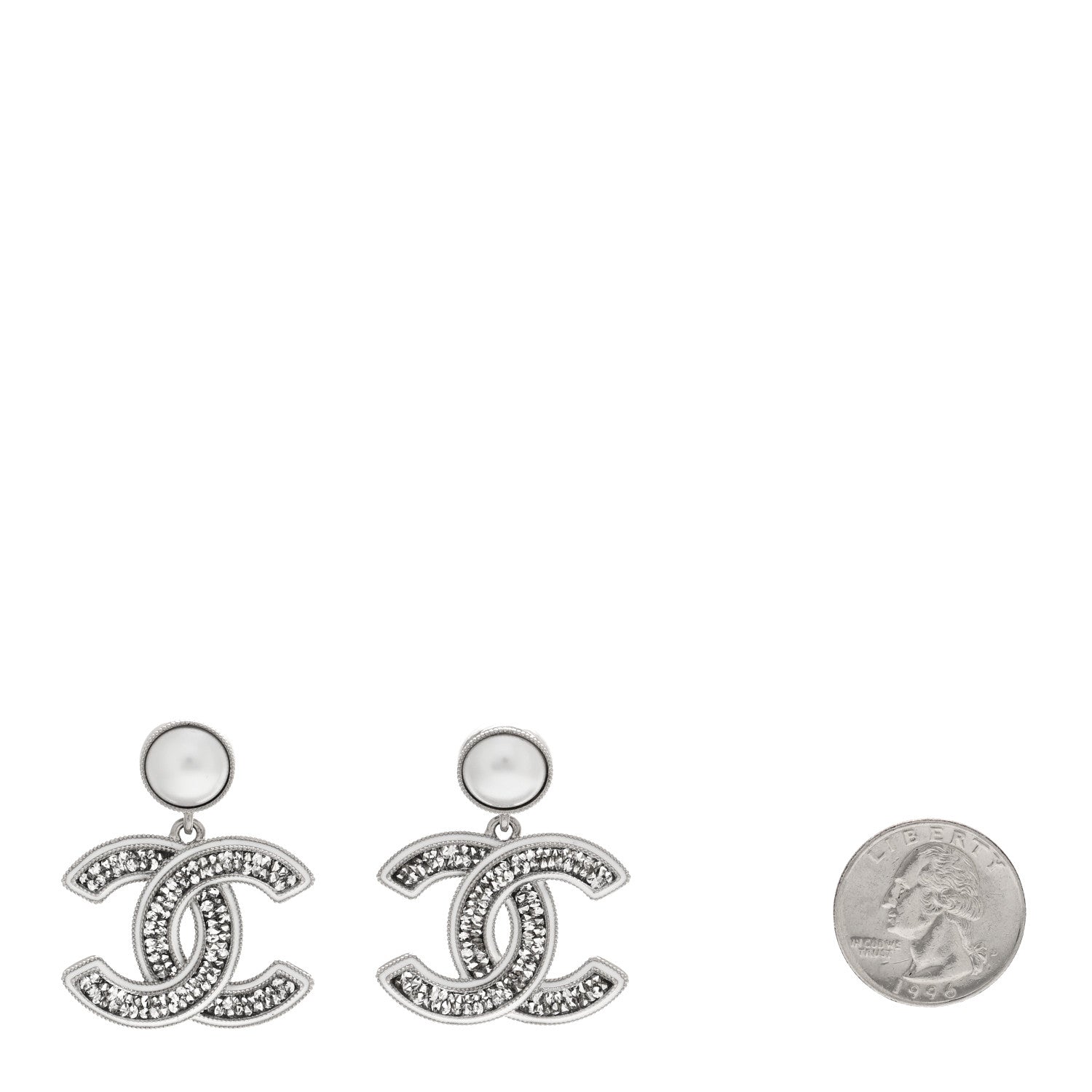 Chanel Pearl Crystal CC Drop Earrings Silver 2 of 5