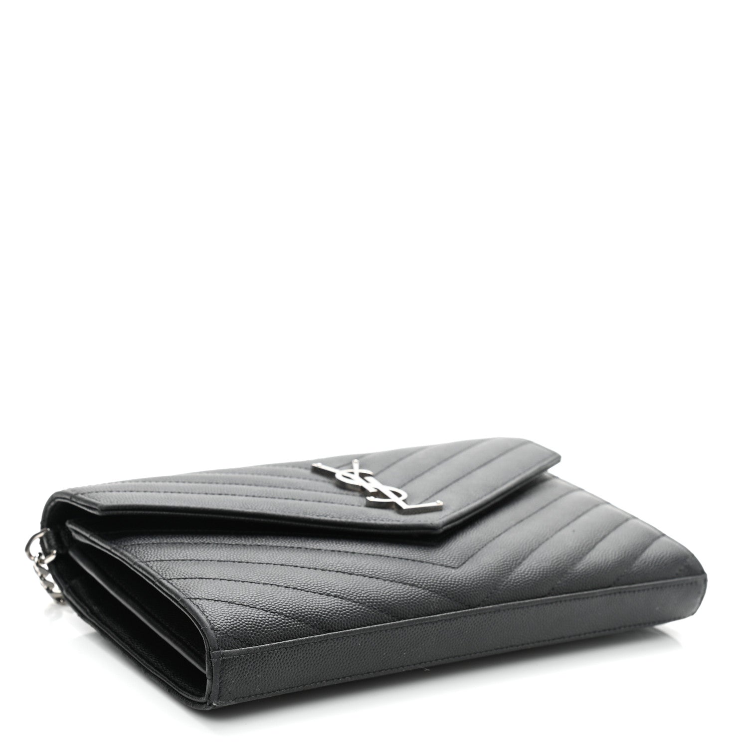 Saint Laurent Grain De Poudre Matelasse Chevron Monogram Chain Wallet Black 4 of 13