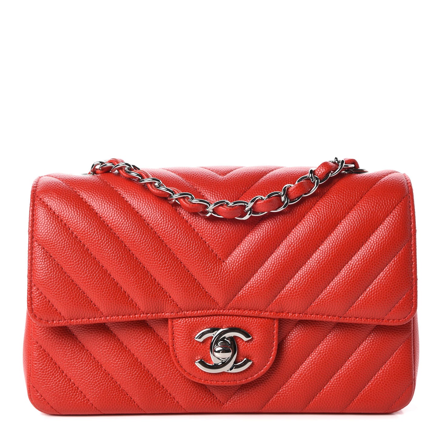 Caviar Chevron Quilted Mini Rectangular Flap Red