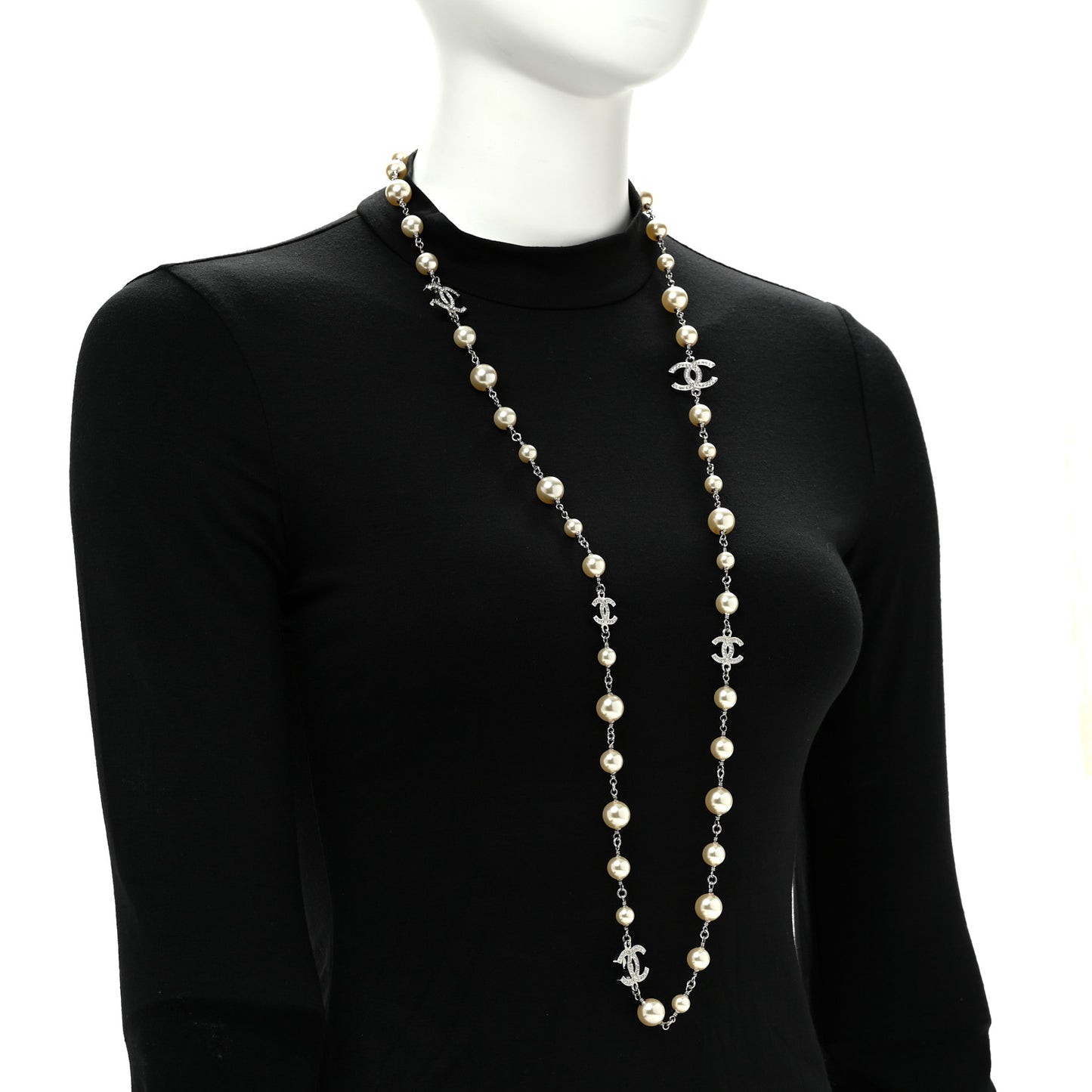 Graduated Pearl Crystal CC Long Necklace Silver